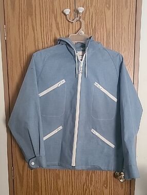 Vintage 80s Light Powder Blue Hooded Rain Zip  Jacket with White Trim